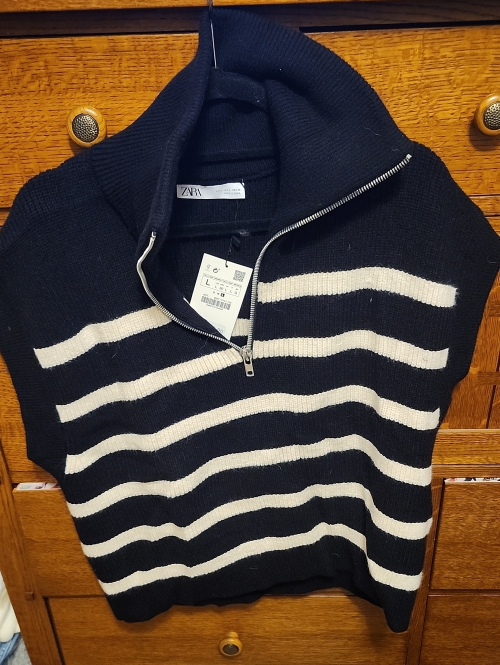 Zara Black & White Striped Zip-Up Sweater